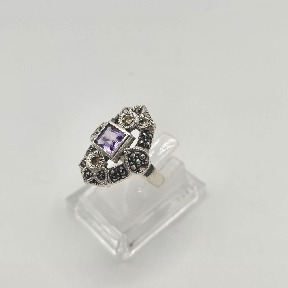 Vintage Ari D. Norman Sterling Silver Amethyst & Marcasite Victorian Style Ring - Picture 5 of 7